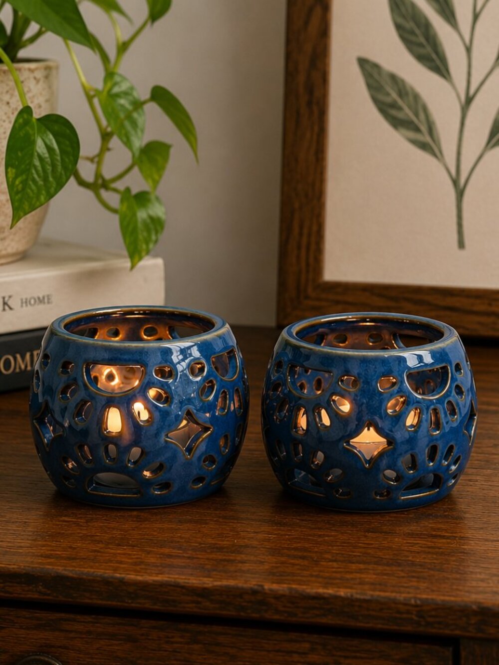 Pair Blue Pierced Ceramic Tea Light Candle Holders Lantern Votive Decor